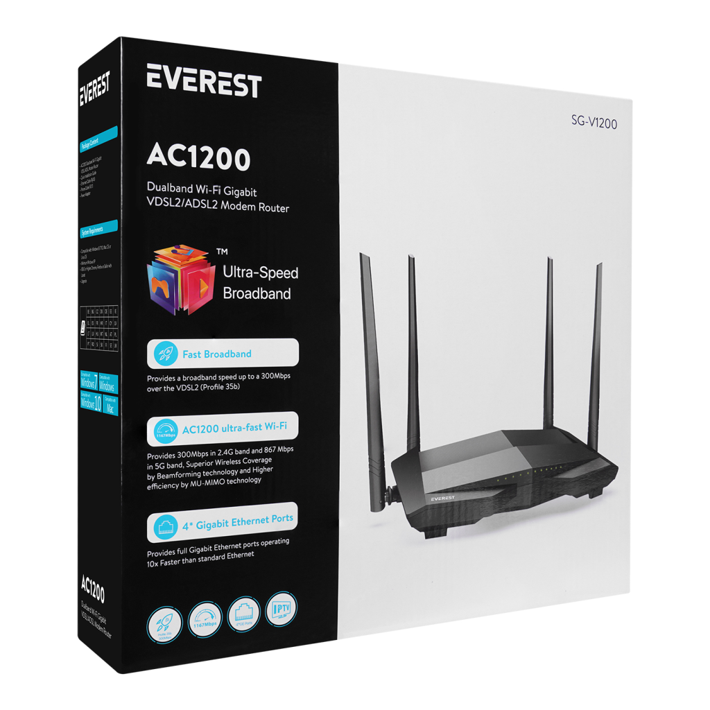 EVEREST SG-V1200, AC1200, 300-867Mbps, Dual Band, 2.4GHz-5GHz, 1200Mbps, WiFi, 4xAnten, USB, VDSL2, ADSL2, MODEM ROUTER