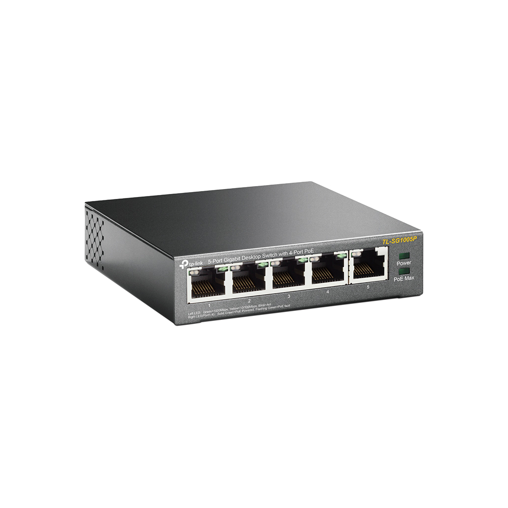 TP-LINK TL-SG1005P, 5 Port, GigaBit, Metal Kasa, 4 Port PoE, 56W, Yönetilemez, Masaüstü Switch