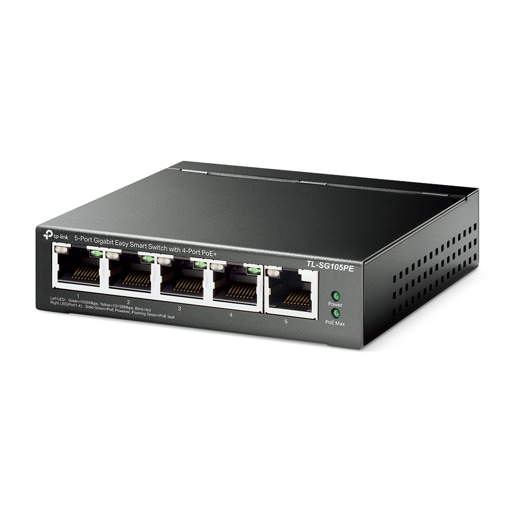 TP-LINK TL-SG105PE, 5 Port, GigaBit, Metal Kasa, 4 Port Poe, 65W, Easy Smart, Yönetilebilir, Masaüstü Switch