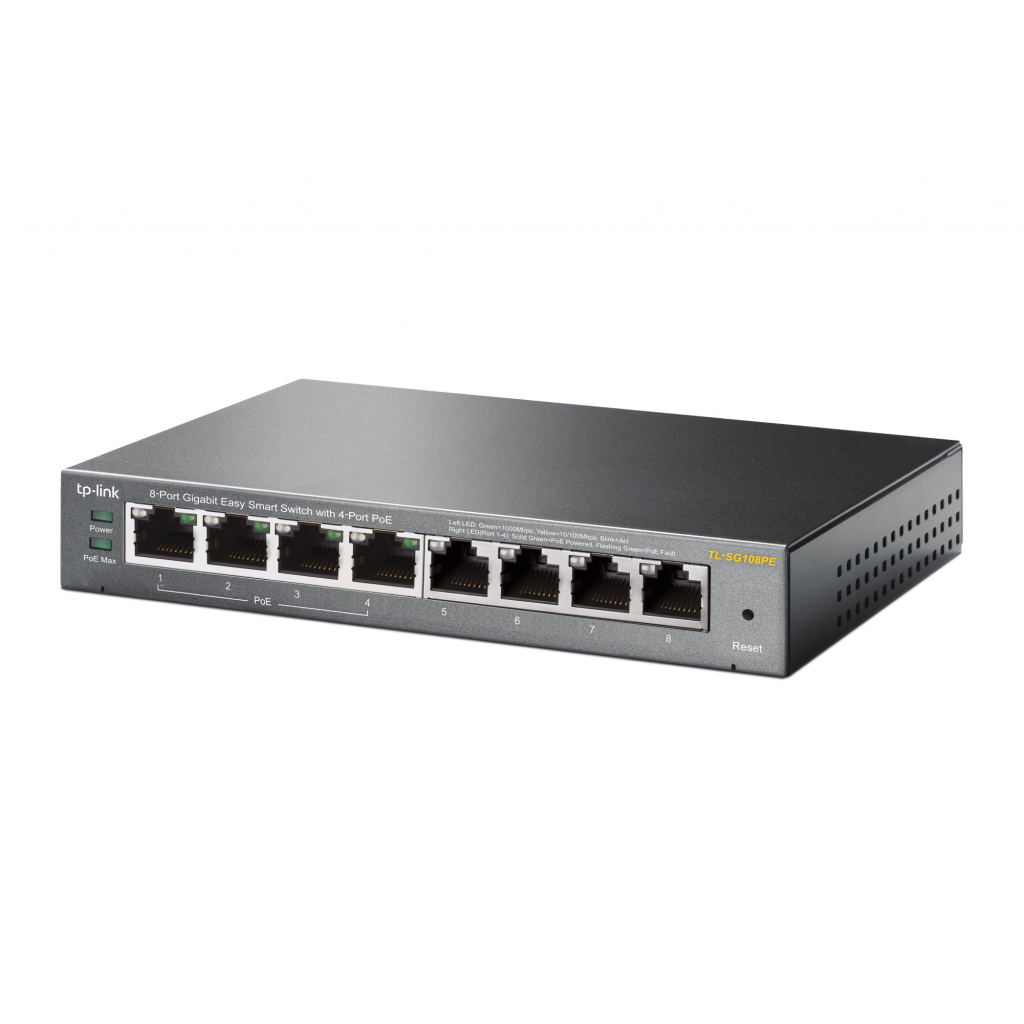 TP-LINK TL-SG108PE, 8 Port, GigaBit, Metal Kasa, 4 Port Poe, 64W, Easy Smart, Yönetilebilir, Masaüstü Switch
