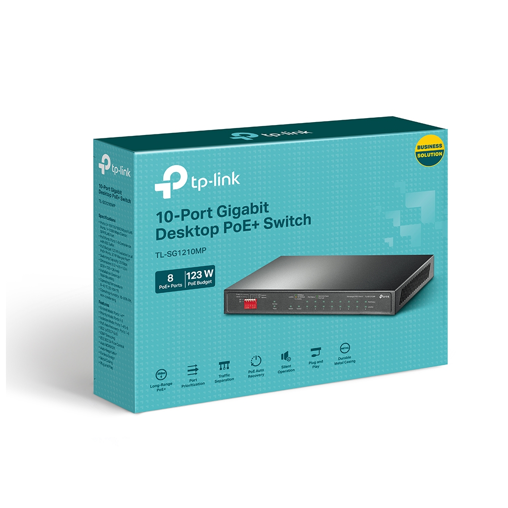 TP-LINK TL-SG1210MP, 10 Port, GigaBit,  8 Port PoE, +1 Port GigaBit SFP, 123W, Yönetilebilir, Metal Kasalı Switch