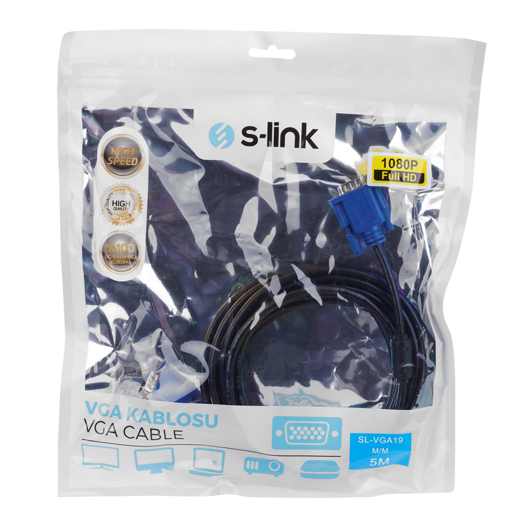 S-LINK SL-VGA19, 15Pin, İki Ucu Erkek, 5mt, VGA Kablosu