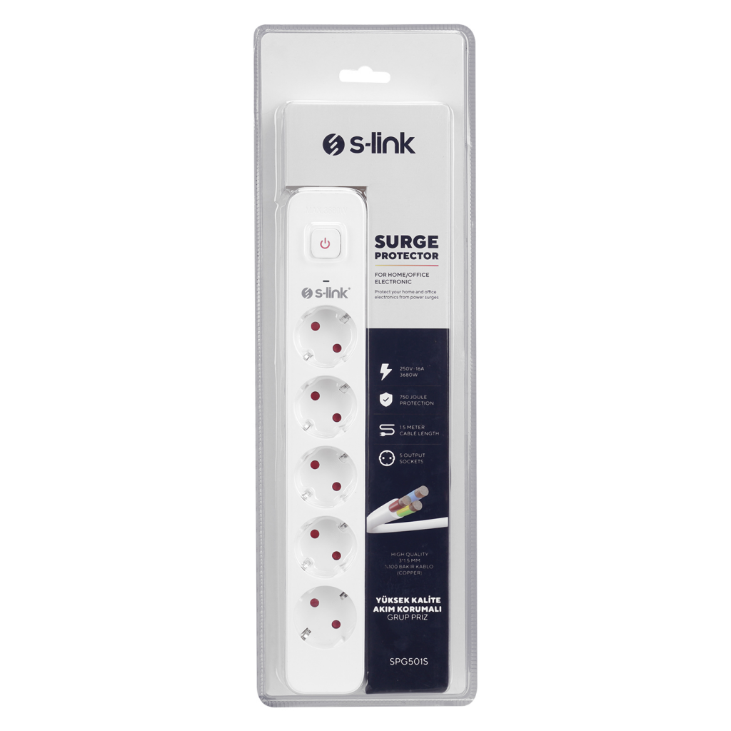 S-LINK SPG501S, 5 Soket, Akım Korumalı Priz, 1.5Mt Kablo, 750 Joule (Beyaz) %100 Bakır