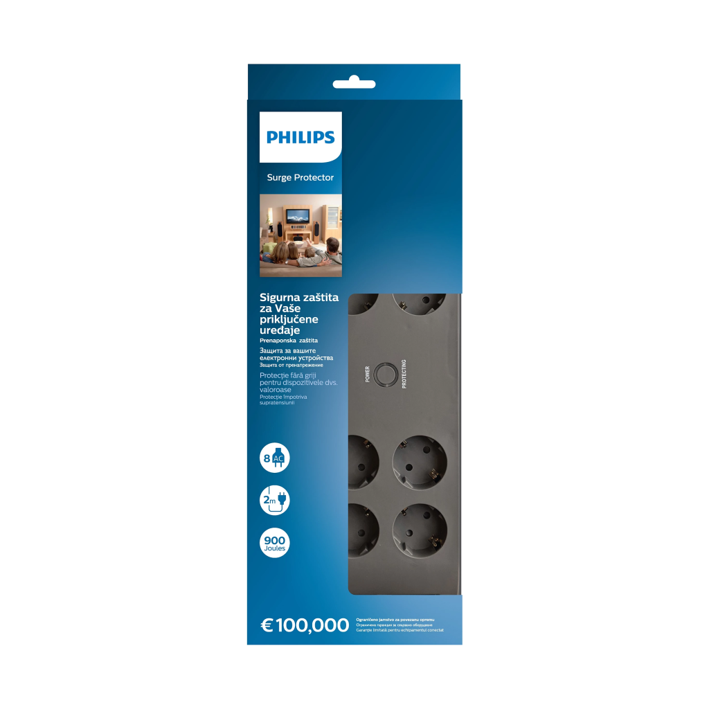 PHILIPS SPN3180A/62, 8 Soket, Akım Korumalı Priz, 900 Joules, 2Mt Kablo, (Gri)