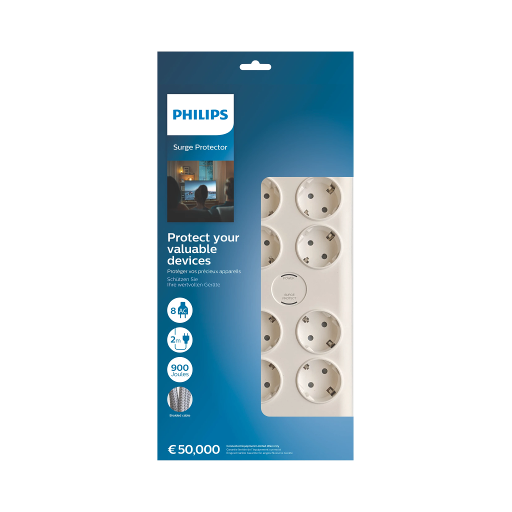 PHILIPS SPN7080WA/62, 8 Soket, Akım Korumalı Priz, 2Mt Kablo, (Beyaz)