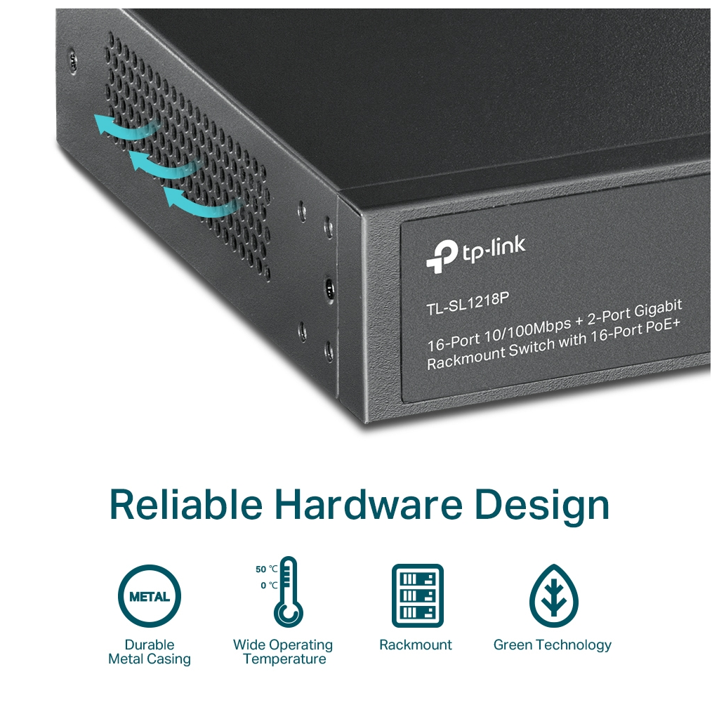 TP-LINK TL-SL1218P, 16 Port Megabit, + 2Port Gigabit +1 Port Gigabit Combo SFP, 150W, Yönetilemez, Rackmount Switch