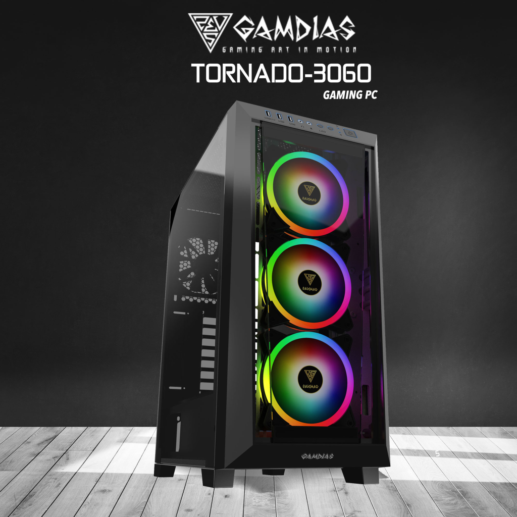 GAMDIAS TORNADO-3060, RYZEN 5 5600, 32Gb DDR4 Ram, 1Tb NVMe SSD, 12Gb GDDR6 RTX3060 Ekran Kartı, 1600W Kasa, Free Dos GAMING PC