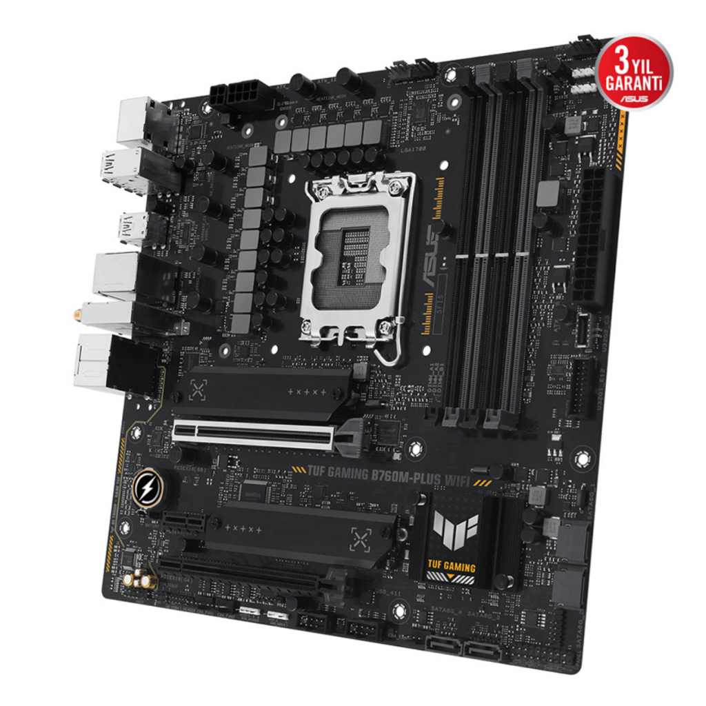 ASUS TUF GAMING B760M-PLUS WIFI, 4xDDR5, 2x M.2, HDMI, DP, Type-C, Wi-Fi 6, Bluetooth v5.2, 12-13.Nesil, LGA1700 Soket, GAMING Anakart