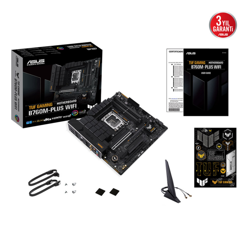 ASUS TUF GAMING B760M-PLUS WIFI, 4xDDR5, 2x M.2, HDMI, DP, Type-C, Wi-Fi 6, Bluetooth v5.2, 12-13.Nesil, LGA1700 Soket, GAMING Anakart