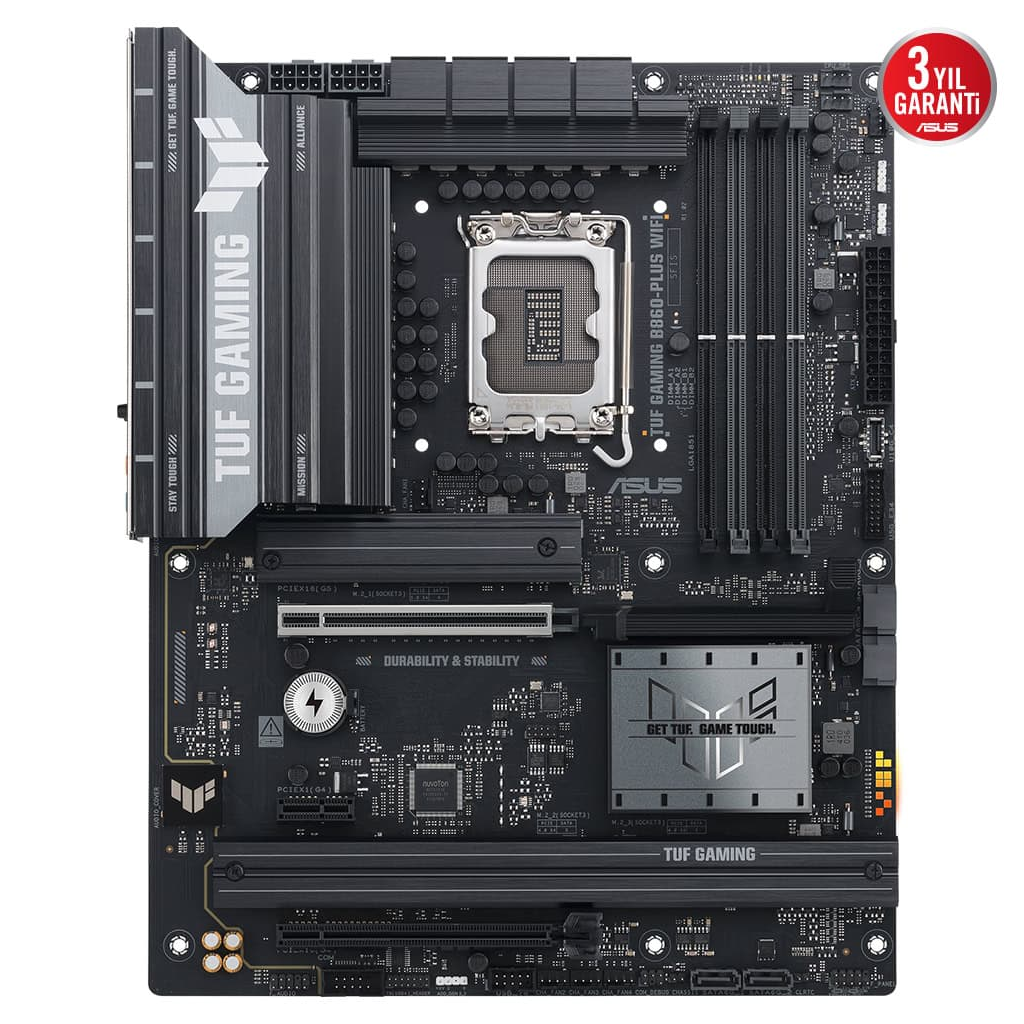 ASUS TUF GAMING B860-PLUS WIFI, 4xDDR5, 3xM.2, HDMI, DP, Wi-Fi 7, Bluetooth v5.4, Intel Core Ultra CPU(Seri 2), LGA1851 Soket, Gaming Anakart