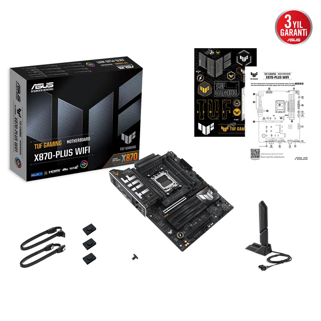 ASUS TUF GAMING X870-PLUS WIFI, 4xDDR5, 4xM.2, HDMI, DP, Type-C, Wi-Fi 7, Bluetooth v5.4, AMD Ryzen 9000-8000 ve 7000 Serisi, AM5 Soket Anakart