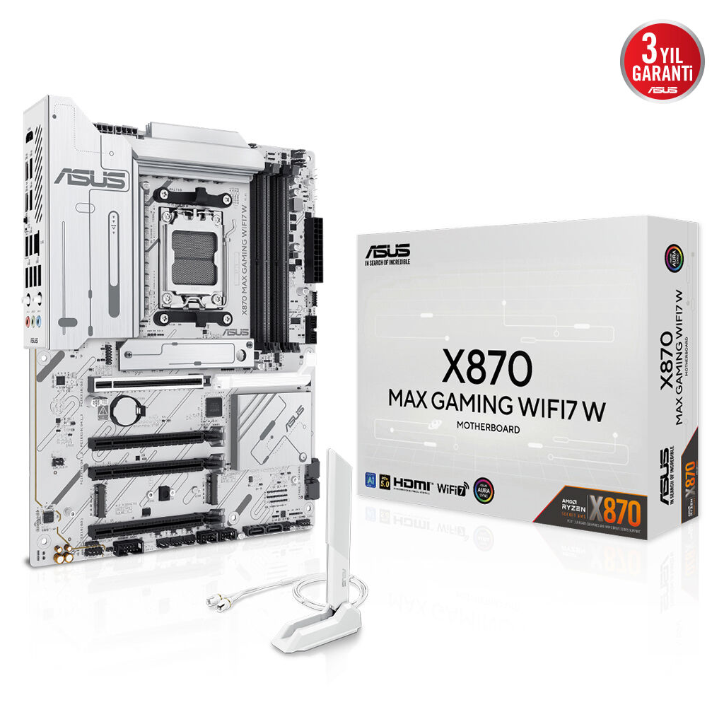 ASUS X870 MAX GAMING WIFI7 W, 4xDDR5, 3xM2, HDMI, DP, Type-C, Wi-Fi 7, Bluetooth v5.3, AM5 Soket GAMING Anakart